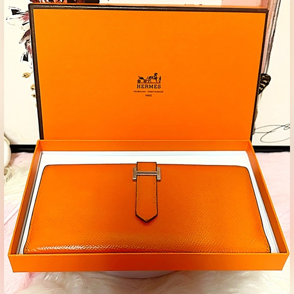 HERMES Bearn Soufflet Leather Chevre Orange Bifold Long Wallet - Picture 3 of 17